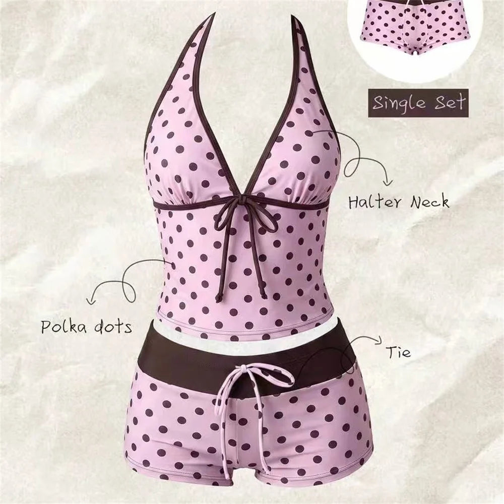 Vintage Color Block Patchwork Bikini Swimsuit Womens Bikinis and Tankinis Backless Knotted Vacation Swimwear Beach Outfit Shorts - Matrix-studios.com