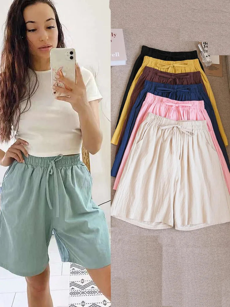2026 Women Cotton Shorts Summer Casual Solid Two Pockets Shorts High Waist Loose Shorts for Girls Soft Cool Female Shorts - Matrix Studios