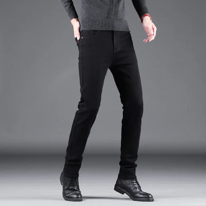 Spring Autumn New Men's Pure Black Slim Jeans Elastic Straight Pants Business Fashion Leisure Korean Vintage Denim Pants Male - Matrix Studios