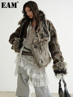 [EAM] Plaid Both Side Wear Leather Big Size Faux Fur Jacket New Lapel Long Sleeve Women Coat Fashion Autumn Winter 2026 1DH9343 - Matrix Studios