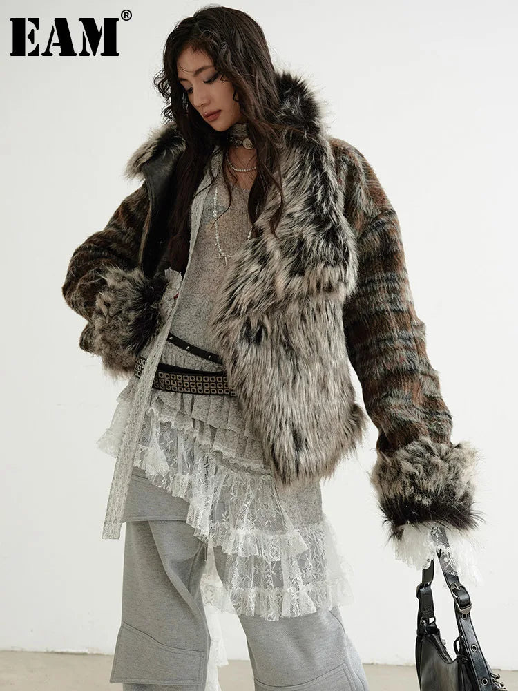 [EAM] Plaid Both Side Wear Leather Big Size Faux Fur Jacket New Lapel Long Sleeve Women Coat Fashion Autumn Winter 2026 1DH9343 - Matrix Studios
