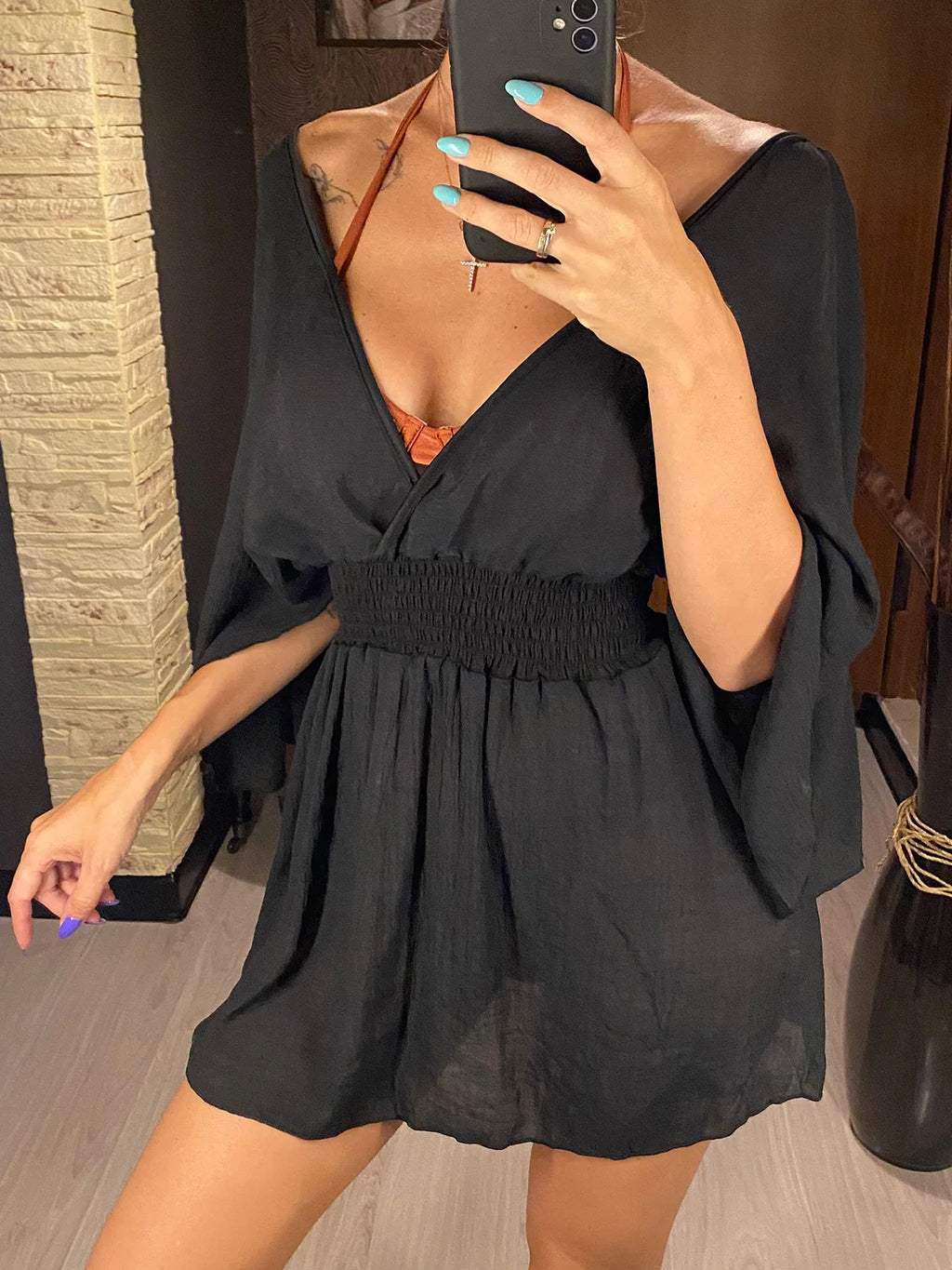 New Sexy V Neck Long Sleeve Backless Chiffon Tunic Beach Cover Up Beach Cover-ups Beach Dress Beach Wear Beachwear V3840 - Matrix Studios