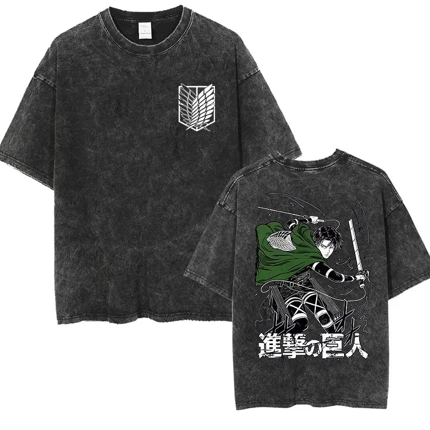 Anime Attack on Titan Vintage Washed Print T-shirt Mikasa Ackerman Eren Jaeger Wings of Freedom Logo Mens Summer Cotton T-shirts - Matrix Studios