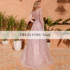 Sparkle Sequin Tulle Evening Dresses For Women Custom Pink A Line V Neck Long Sleeves Floor Length Zipper Back Prom Party Gowns - Matrix Studios