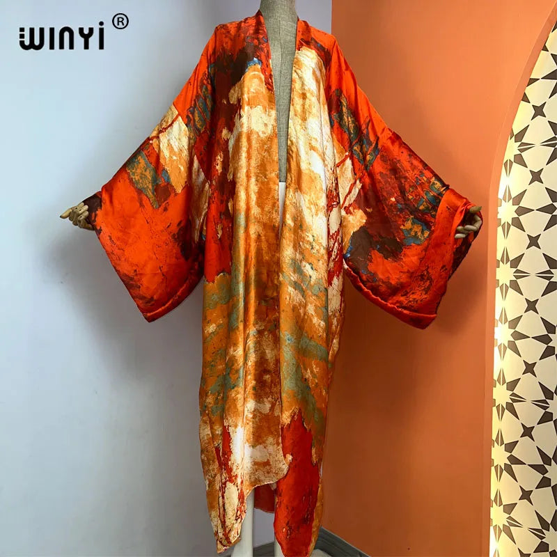 WINYI Summer New Fashion Print Women Cardigan Loose Long Dress Elegant Party Boho Maxi Beach Holiday Cover Up Kimonos Kaftan - Matrix Studios