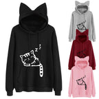 Long Sleeve Hoodies Sweatshirt For Women Cute Cat Print and Ear Kangaroo Pocket Drawstring Hooded Jogger Pullover Tops - Matrix Studios
