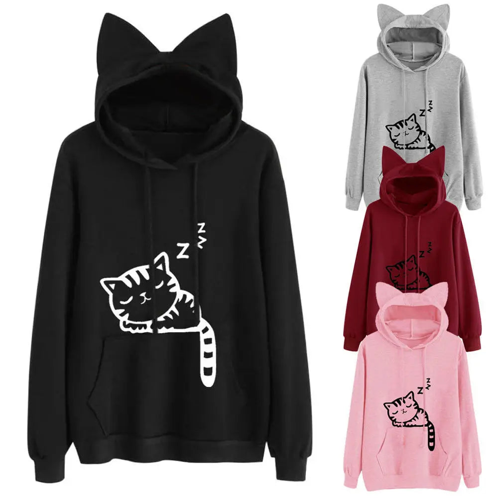 Long Sleeve Hoodies Sweatshirt For Women Cute Cat Print and Ear Kangaroo Pocket Drawstring Hooded Jogger Pullover Tops - Matrix Studios