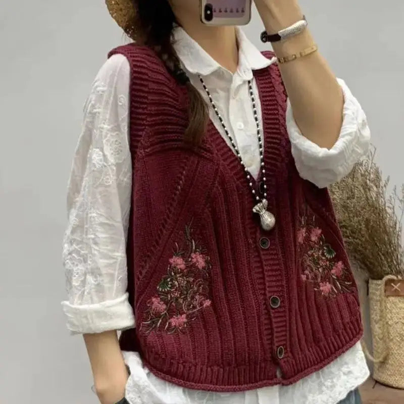 Vintage Embroidery Knitted Vests Sleeveless Cardigan Buttons Pockets Spring Autumn Tops Coats Waistcoat Design Trend Vests New - Matrix Studios