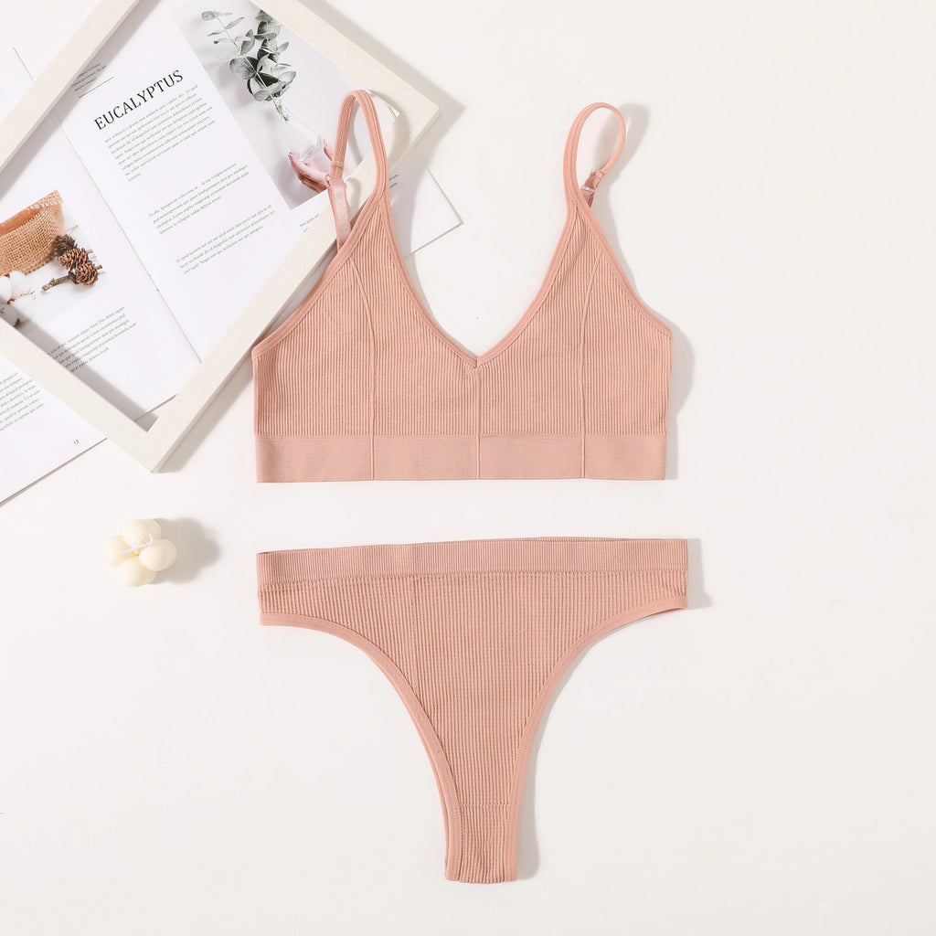 Women Seamless Bra Set Push Up Bras V-neck Tops High Rise Briefs Seamless Underwear Wire Free Brassiere Sexy Lingerie Set - Matrix-studios.com