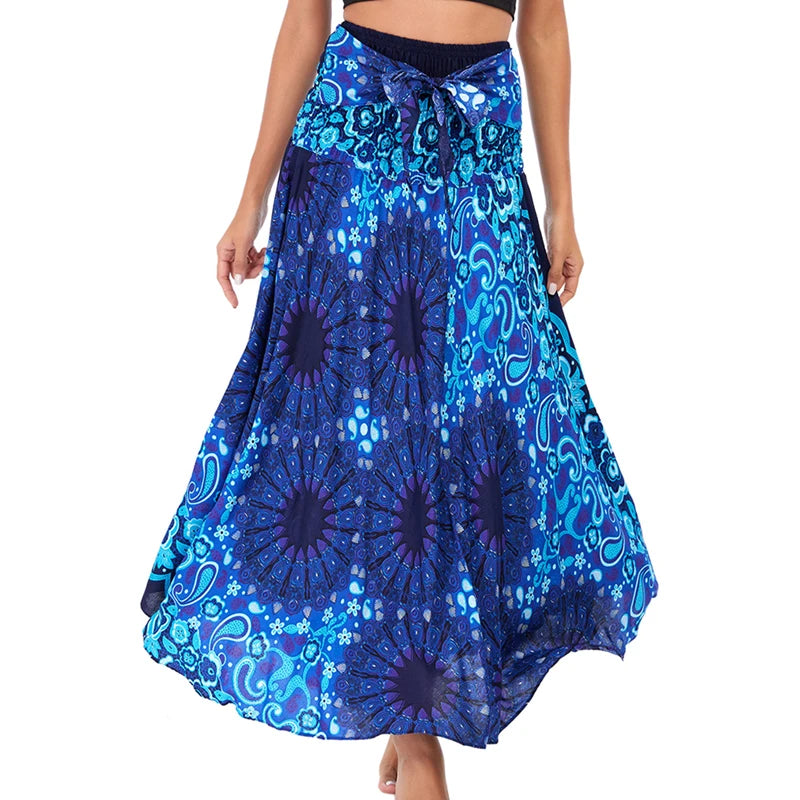 Boho Skirts Women Rayon Beach Long Dress Summer Bohemian Jupe Longue Femme Elastic Waist Print Floral Bandage Halter Hippie - Matrix Studios