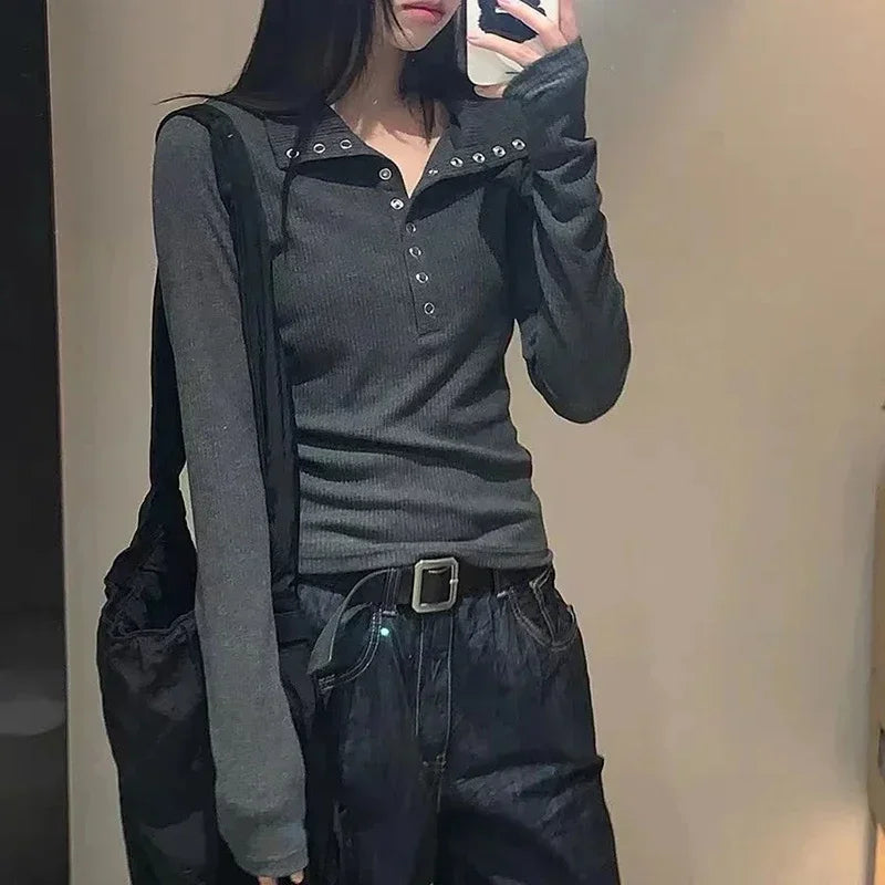 Y2K High Street Women Sweaters New Gray White Button Up Bottoming Pullover Woman Slim Fit Long Sleeve Knitted T-Shirt - Matrix Studios