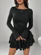 Autumn Winter Solid Color Slim Fit Cascading Ruffles Mini Dress Women Elegant Flare Sleeve High Waist Sexy Party Bodycon Dresses - Matrix-studios.com