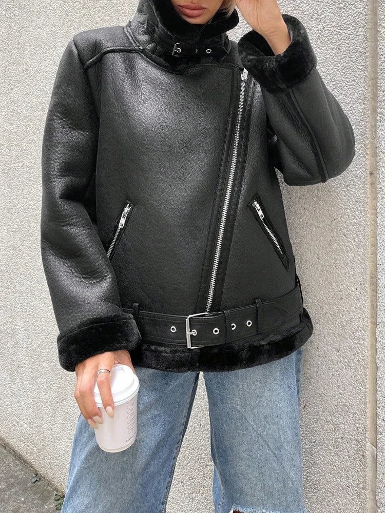 FTLZZ Winter Women Faux Fur Leather Jacket High Street Motorcycle Outwear Casual Lady Thick Warm Leather Jacket - Matrix Studios