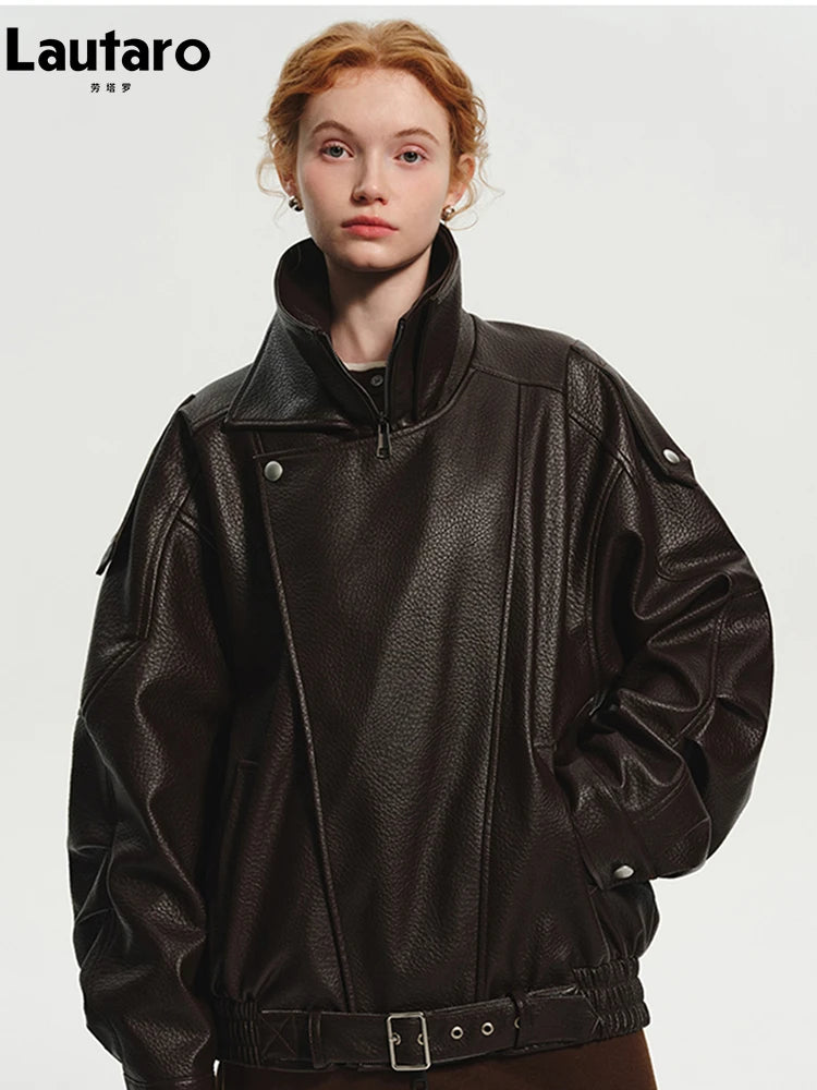 Lautaro Spring Autumn Cool Brown Oversized Pu Leather Jacket Women Long Sleeve Zip Up Luxury Designer American Retro Clothing - Matrix Studios