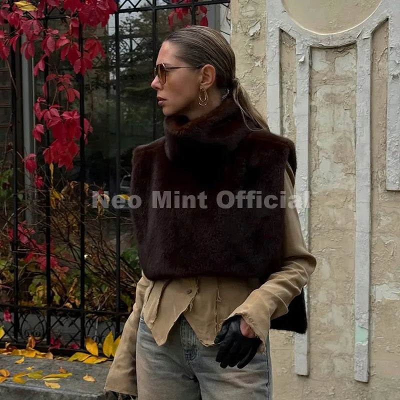 Neo Mint 2025 Brand Fashion Faux Fur Sable Vest Crop Top Autumn Winter Turtleneck Eco Mink Fur Tank Tops Sleeveless Jacket Coat - Matrix Studios