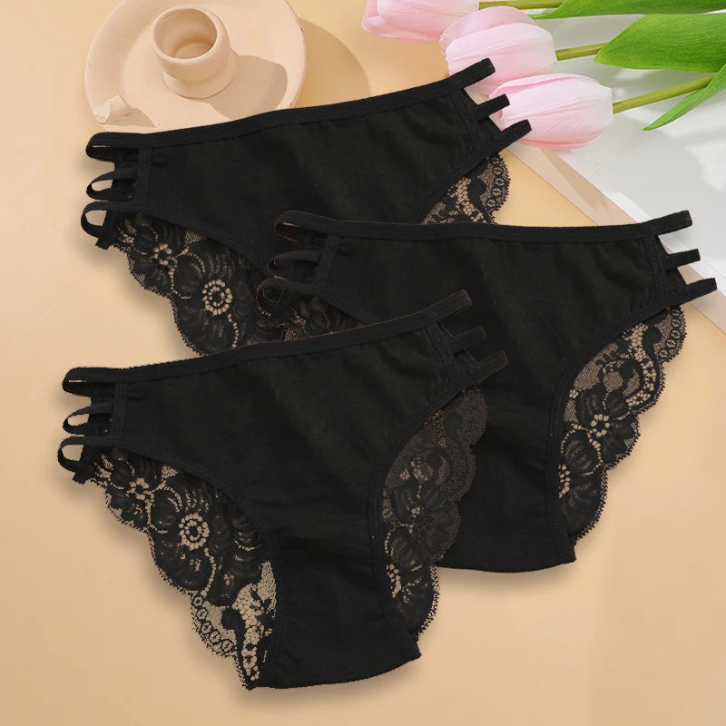3PC/Set Women's Sexy Floral Lace Panties Low Rise Hollow Out Briefs Transparent Underwear Female Elastic Straps Soft Lingerie - Matrix Studios