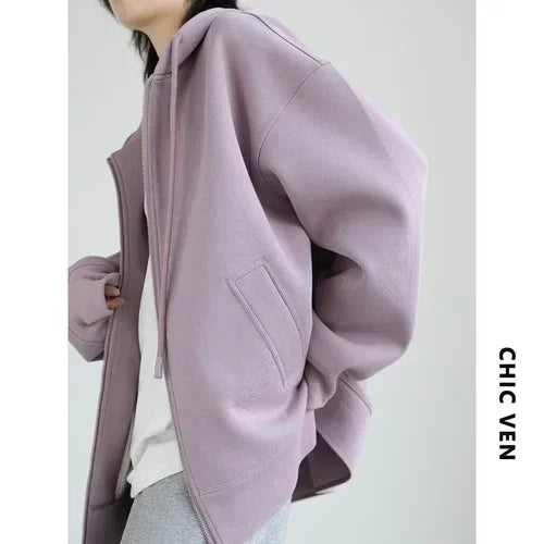 CHIC VEN Women Sweatshirts Hoodies Solid Loose Casual Hooded Female Tops Lady Coat Medium Length Overcoat Spring Autumn 2025 - Matrix Studios