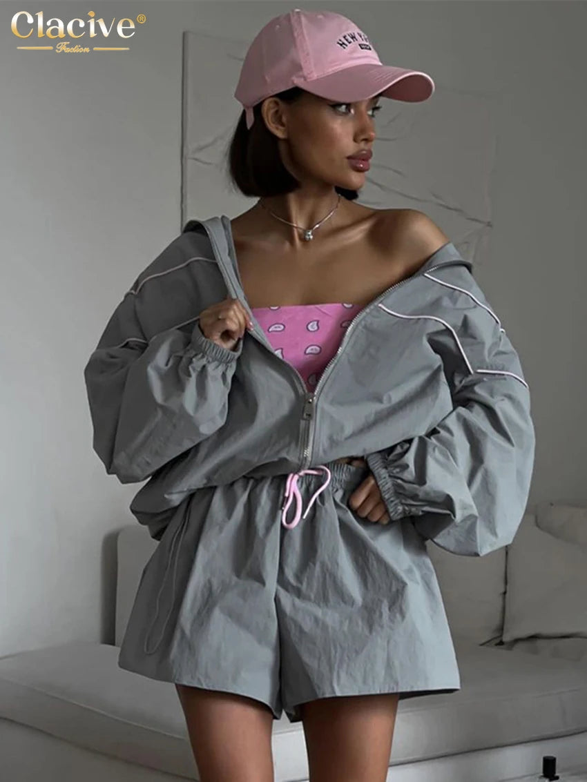 Clacive Fashion Loose Gray 2 Piece Sets Women Outfit 2024 Elegant Long Sleeve Shirt With High Waist Shorts Set Female Streetwear - Matrix-studios.com