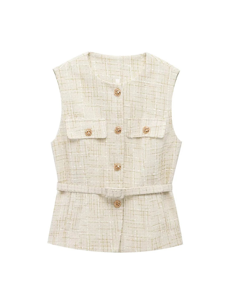Women's Tweed Waistcoat with Belt, O Neck, Sleeveless, Front Button, Female Outerwear, Chic Tops, Fashion - Matrix Studios