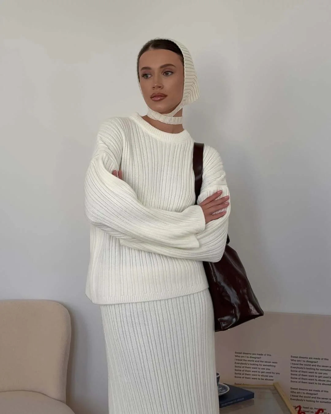 Hirsionsan Soft Elegant Vintage Women Suits 3 Pieces Female Sets O Neck Sweater & Wild Leg Pants with Scarf Knitted TrackSuit - Matrix-studios.com