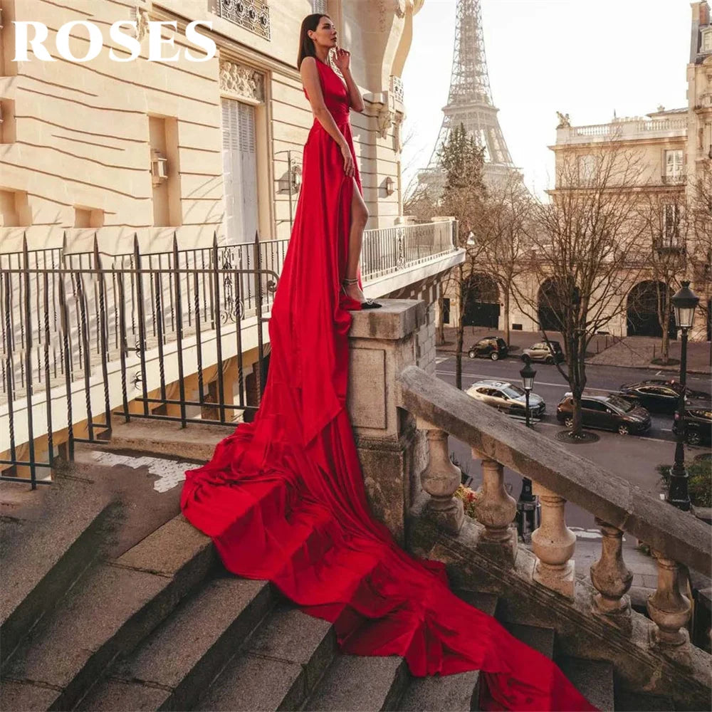 ROSES Red Elegant Stain Prom Dress Sleeveless Formal Gown Backless Trumpet V-Neck Pleats Party Dress for Woman 프롬 드레스 Customized - Matrix-studios.com