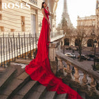 ROSES Red Elegant Stain Prom Dress Sleeveless Formal Gown Backless Trumpet V-Neck Pleats Party Dress for Woman 프롬 드레스 Customized - Matrix-studios.com
