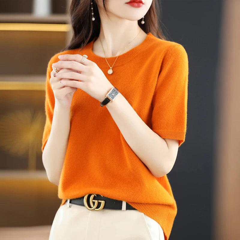 New Short-sleeved Knitwear Women O-neck T-shirt Wool Cotton Blend Pullover Vest Sprig Summer Bottoming Tops Sweater Solid Soft - Matrix Studios
