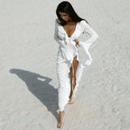 Fashion V Neck Summer Beach Cover Up Ruffled Long Sleeve Beach Dress Bathing Suit Vacation Bikini Sunscreen Smock for Women - Matrix Studios