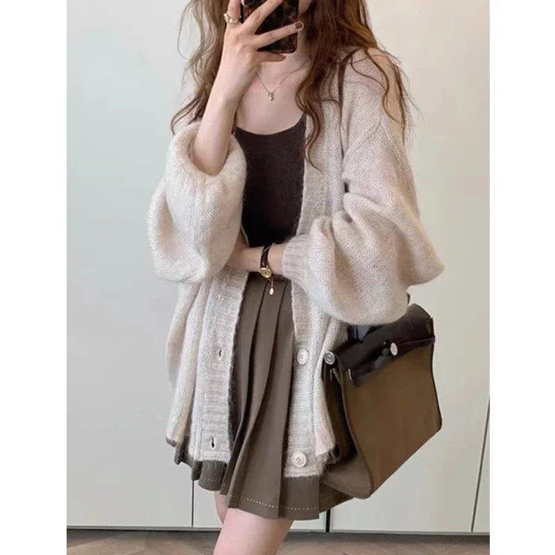 Autumn and Winter New Women's Solid Color Cardigan Sweater Fashion Casual Single-breasted Lantern Sleeve Sweater Jacket - Matrix Studios