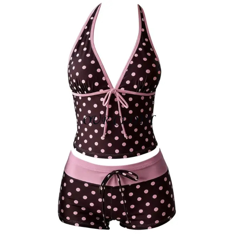 Women Polka Dot Tankini Swimsuit Halter V Neck Tie Front Waist Boyshort Set Contrast Color Stretch Beach Bathing Suit - Matrix-studios.com