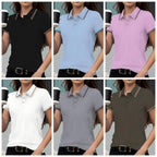 Summer Solid Color Women Stripe Polo Shirts Sport Culture T-Shirts Collar Soft Streetwear All-Match Casual Woman Short Sleeve - Matrix-studios.com