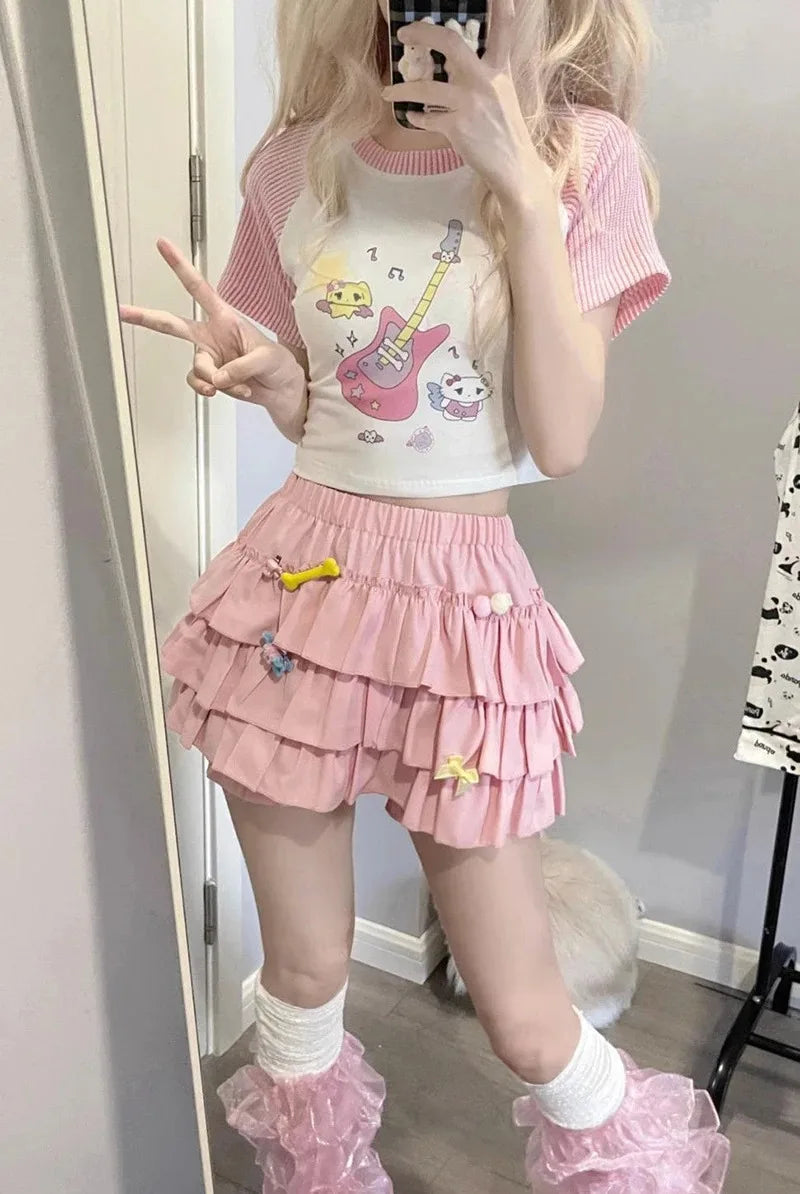 Y2K Sweet Ruffles Mini Skirt Women Kawaii Lolita Bow A Line Skirts Harajuku Japanese High Waist Pink White Ball Gown Skirt - Matrix-studios.com