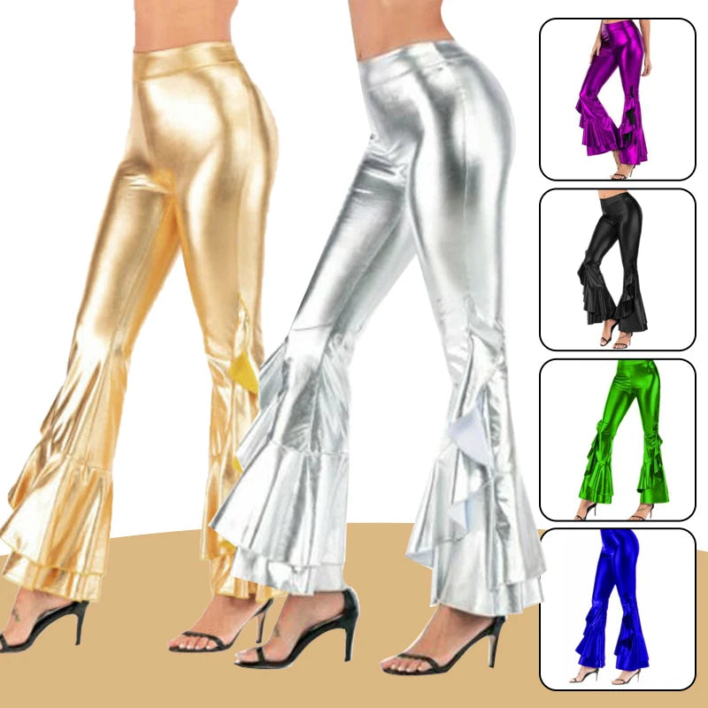Women Shiny Flare Trousers Metallic Bell Bottoms Ruffle Wide Leg Pants Retro 70s Retro Disco Costume Stage Prom Club Trouser