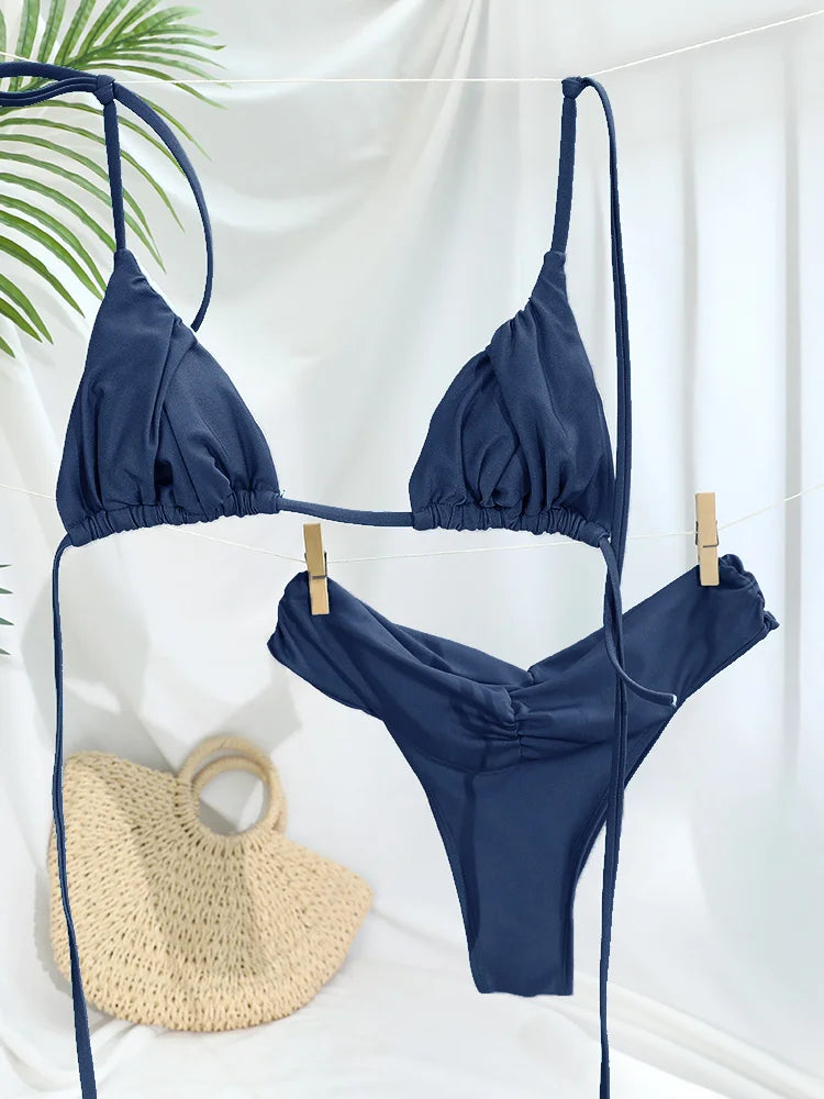 Sexy Folds Bikini Set Solid Micro Bikinis Women Swimsuit Female Triangle Swimwear Beach Wear Bathing Suit - Matrix-studios.com