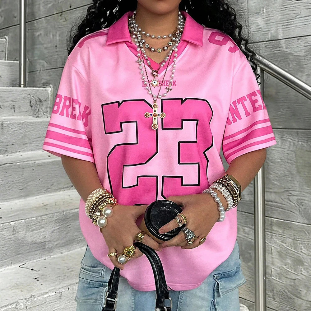 Summer Women's New No.8 Oversized Short sleeved T-shirt Street Y2K Fashion Leisure Sports Jersey Men Letter Printed Polo Shirt - Matrix-studios.com