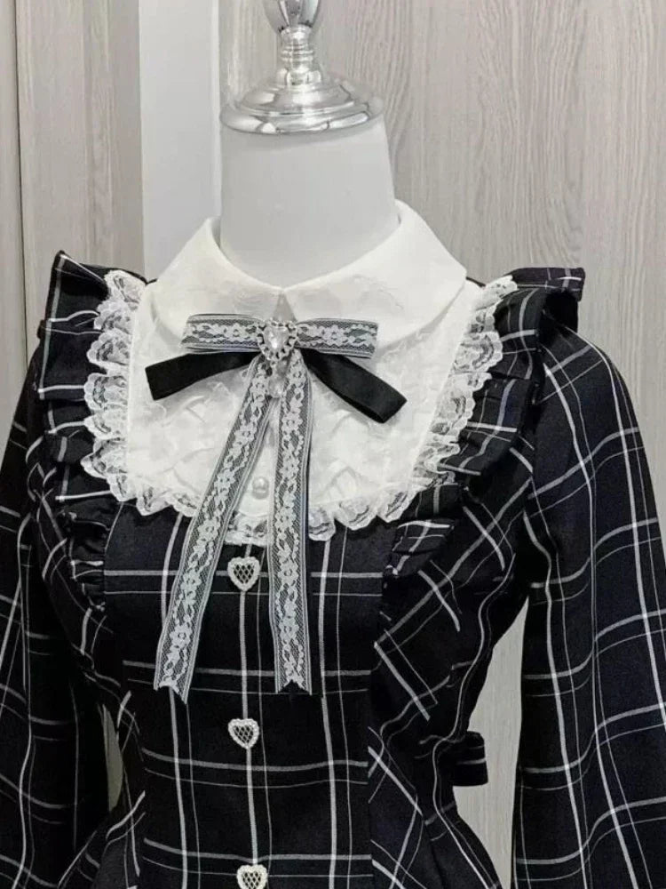 Japanese Fairy Sweet Lace Patchwork Plaid Dress Women Kawaii Grunge Ruffled Long Sleeve Dresses Y2k Aesthetic JK Lolita Vestidos - Matrix-studios.com