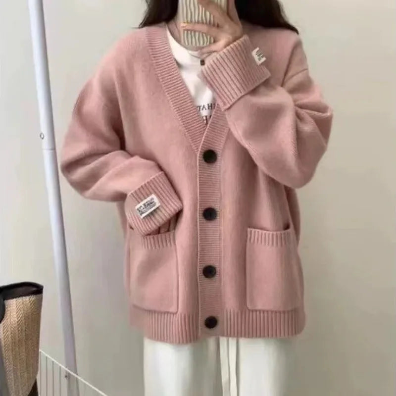 OCEANLOVE Cardigans Autumn Winter Solid Preppy Style Women Sweaters Korean Fashion V Neck Loose Warm Sweet Sueteres Mujer - Matrix Studios