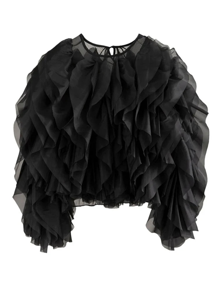 TWOTWINSTYLE Elegant Patchwork Ruffles Chiffon Blouses Women O Neck Lantern Long Sleeve Loose Shirt Female Clothing Fashion - Matrix-studios.com