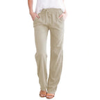 Women Cotton Linen Drawstring Pants Elastic Waist Casual Solid Color Trousers Baggy Loose Straight Leg Breathable Sweatpants - Matrix-studios.com