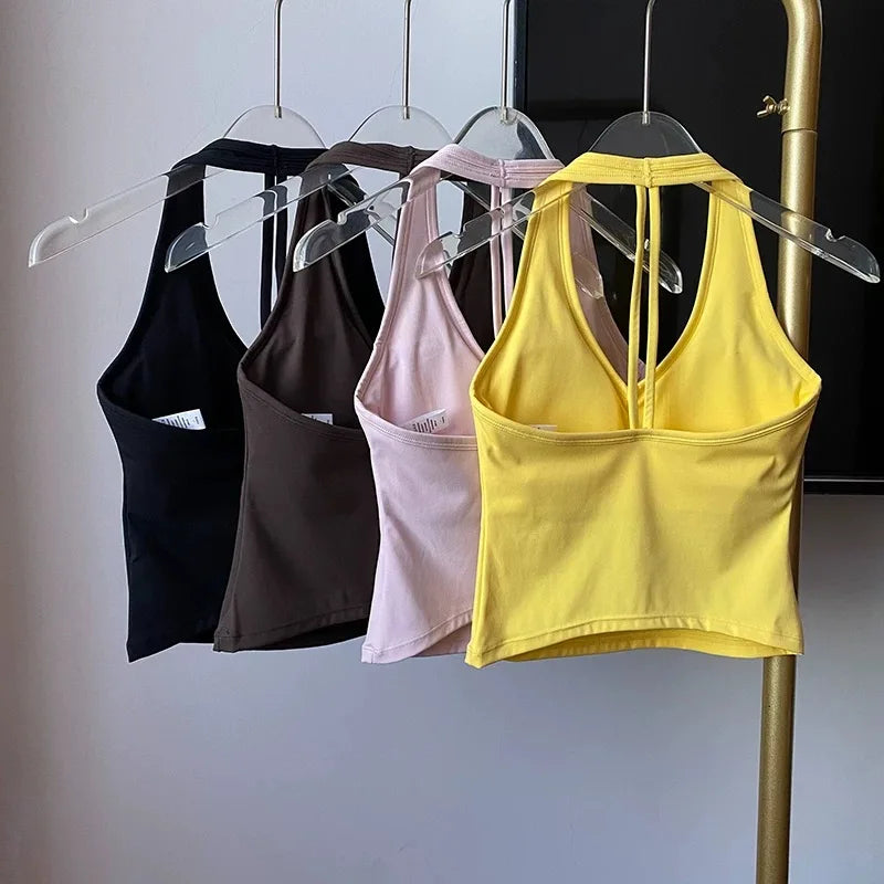 Women's Sexy V-Neck Fitness Bra Nude Sports Bra Hanging Neck Yoga Suit Vest Comfortable Breathable Gym Top for Active Wear - Matrix Studios