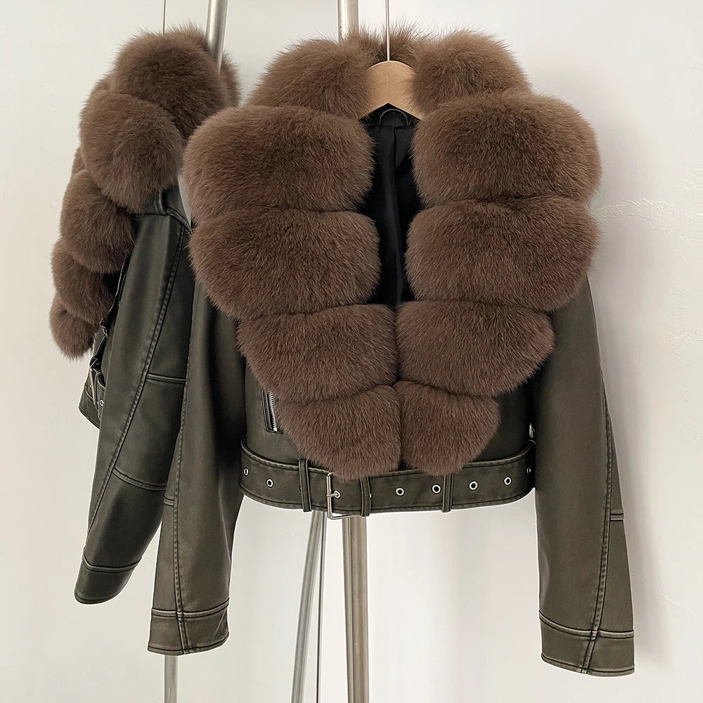 OFTBUY Natural Fox Fur Faux Leather Jacket Female New Autumn Short Top Clothing Women Long Sleeve Fake Leather Real Fur Coat - Matrix Studios