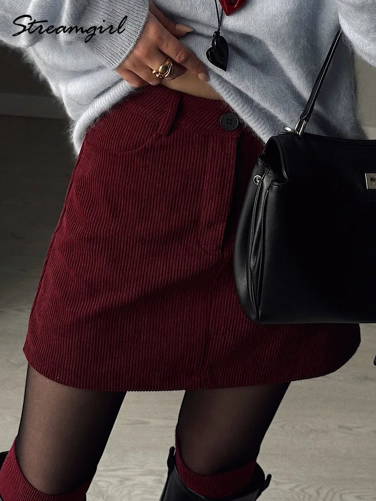 Autumn Corduroy Mini Skirt Burgundy For Women Brown Vintage A Line Short Skirts With Shorts Inside For Women Skirt Corduroy Fall - Matrix-studios.com