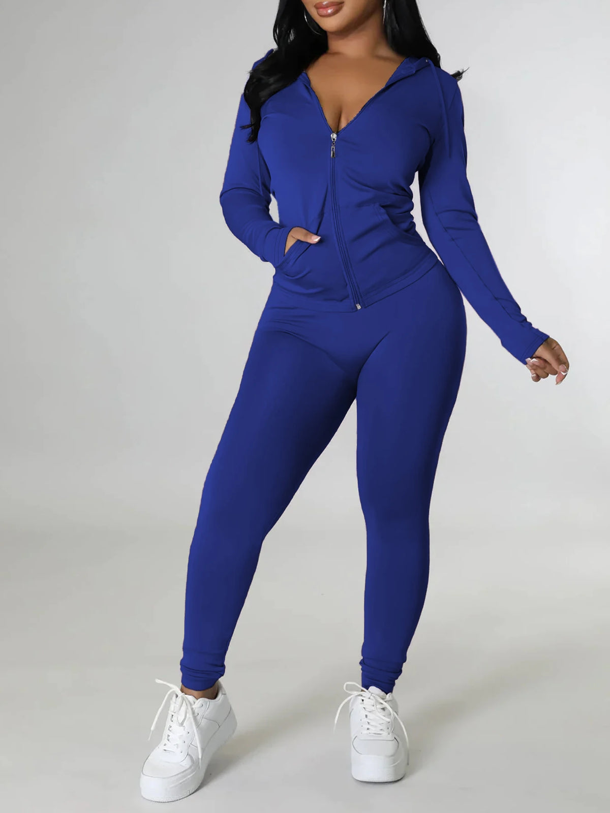 Lightweight Breathable Solid Color Curvy Streetwear Suit, Zip Hoodie Tracksuit Matched With Joggers, Comfortable Casual Oversized Matching Set, Versatile All Seasons Outfit For Yoga Daily Party - Matrix-studios.com