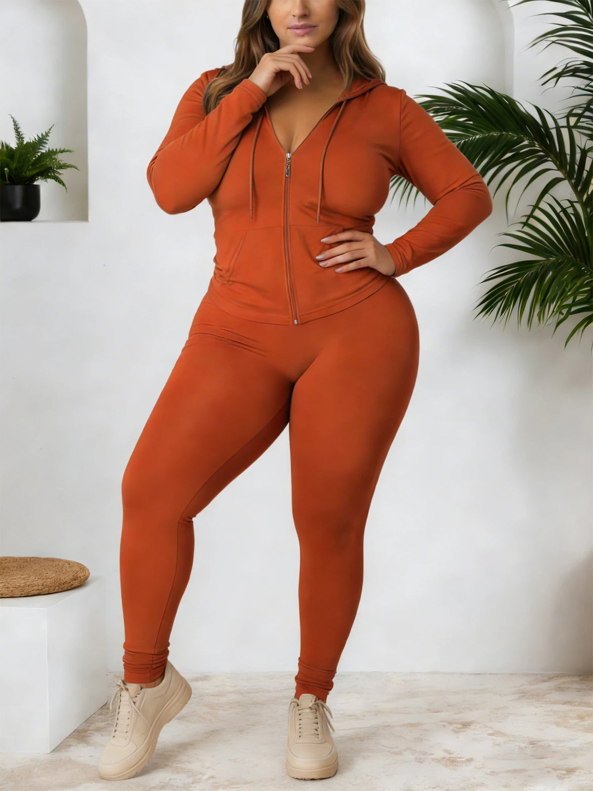 Gentle Soft Solid Color Curvy Athleisure Suit, Zip Hoodie Tracksuit Complete With Joggers, Comfortable Casual Streetwear, Versatile All Seasons Oversized Matching Set For Yoga Daily Party - Matrix-studios.com