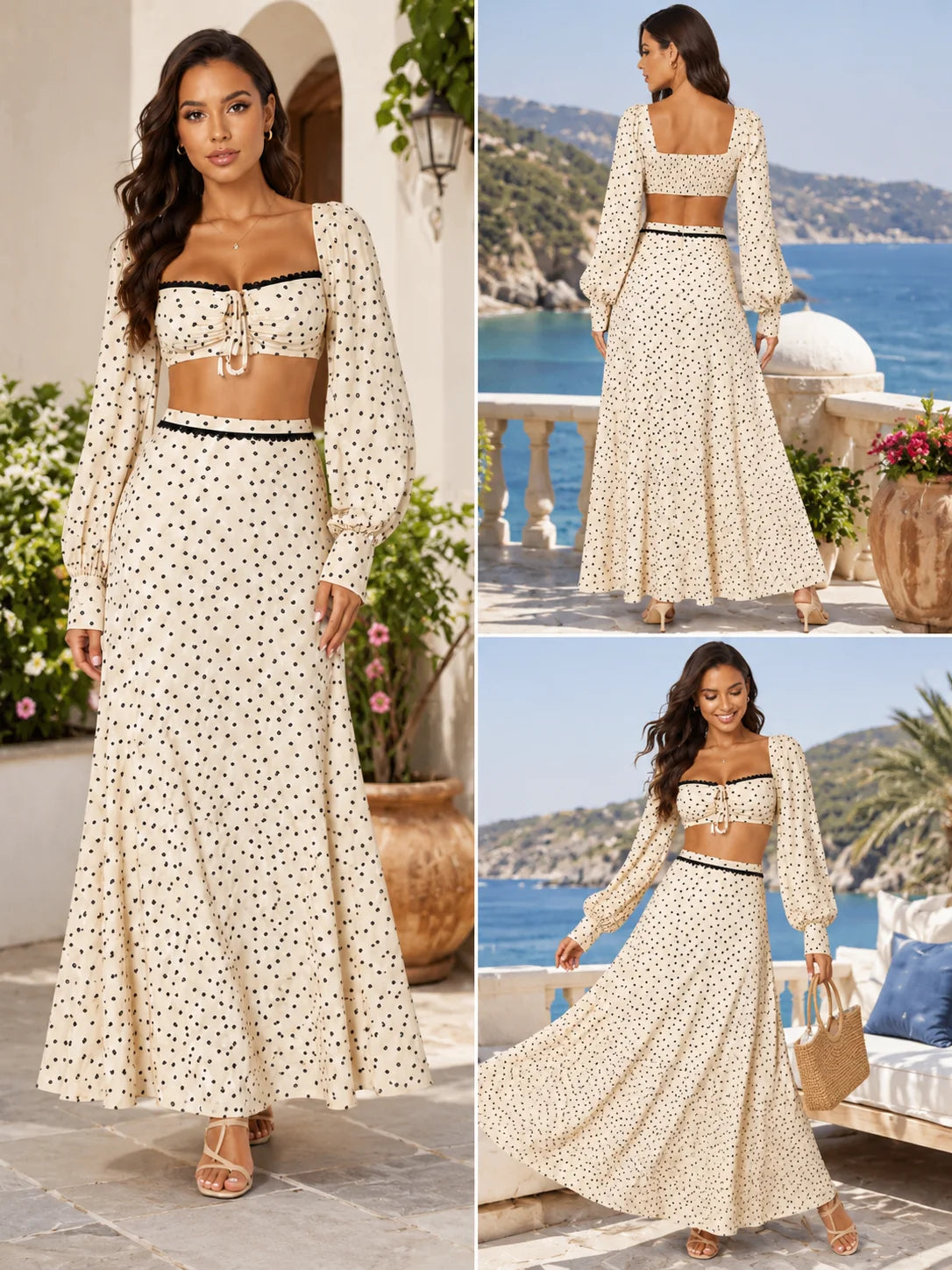 Women 2 Piece Boho Matching Sets, Integrated Puff Long Sleeve Cutout Back Tie‑Front Crop Top & High Waist Flowy Polka Dot Maxi Skirt, Summer Beach Vacation Co‑Ord Outfits - Matrix-studios.com