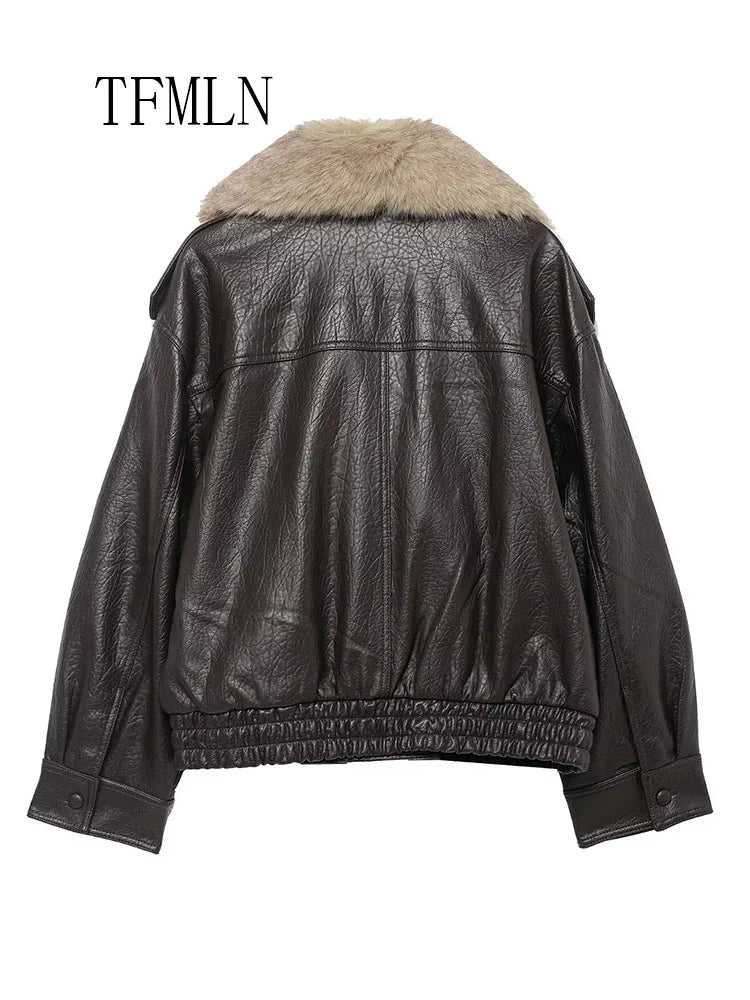 TFMLN 2025 Winter Women Loose Faux Leather Jacket Fashion Removed Big Fur Collar Causal Coat High Street Double Breasted Outwear - Matrix Studios