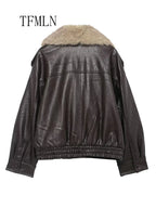 TFMLN 2025 Winter Women Loose Faux Leather Jacket Fashion Removed Big Fur Collar Causal Coat High Street Double Breasted Outwear - Matrix Studios