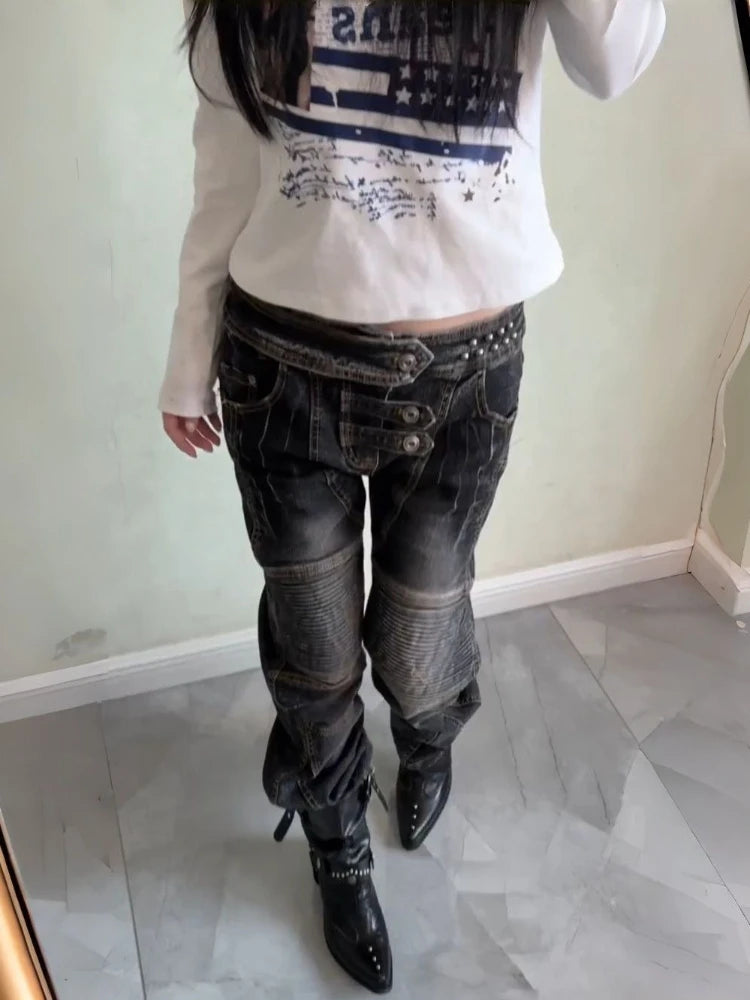 American Vintage Washed Distressed Pleated Button Jeans Women Streetwear Y2k Retro Full Length Pants Slim Spring Summer - Matrix-studios.com