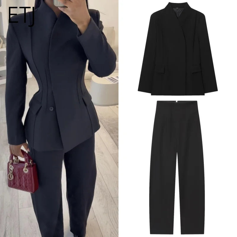 ETJ 2025 women's new fashion design three-dimensional cut high collar slim suit jacket & matching casual trousers - Matrix-studios.com