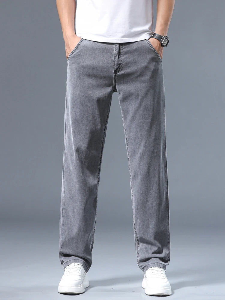 Summer Thin Men's Loose Straight Jeans Lyocell Soft Drape Business Casual Trousers Classic Smoke Gray Brand Ice Silk Pants - Matrix Studios